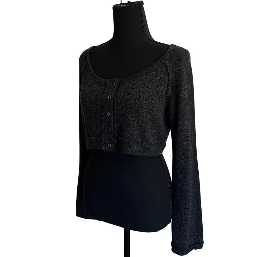 Free People Dark Heathered Gray Crop Long Sleeve Lace Snap Front Top - Small